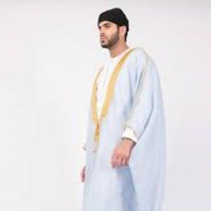 Men's Bisht Cloak Arab Dress Thobe Robe Eid Kaftan Jacket Wedding Light Blue